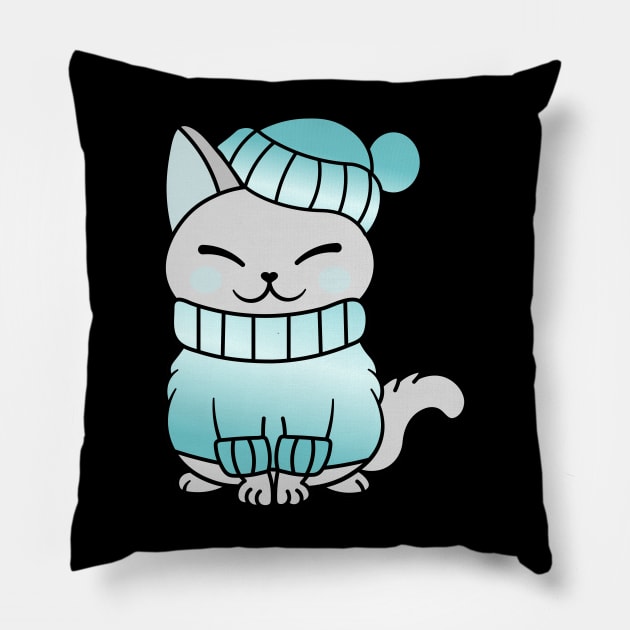 Cute Cozy Colorful Snow Winter Cat Kitty Pillow by Cute Cat Designs