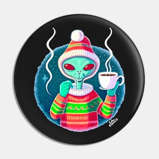 Christmas Funny Alien Drinking Coffee Wearing Sweater Pin