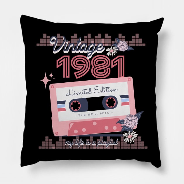 Vintage 1981 Limited Edition Music Cassette Birthday Gift Pillow by Mastilo Designs