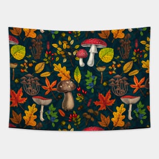 Autumn mushrooms, leaves, nuts and berries on dark blue Tapestry