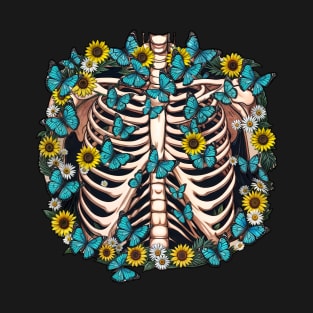 Sunflowers and Bones, Anatomy Art, ribcage full of sunflowers and leaves, thoracicy, leaves anatomy Ribcage, rib cage, pelvis, anatomy skeleton T-Shirt