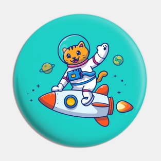 Cute Cat Astronaut Riding Rocket Cartoon Pin
