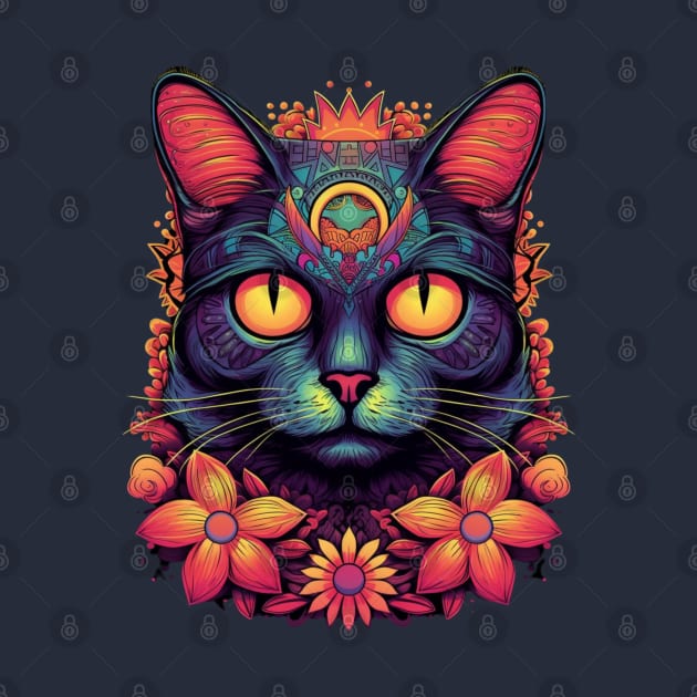 Colorful Abstract Cat and Flowers Design by Studio Red Koala