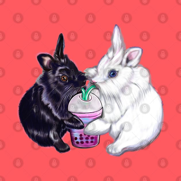 Boba bunnies - bunny rabbits sipping bubble tea - pair of cute furry ebony and snow colored coloured lionhead bunny rabbit by Artonmytee