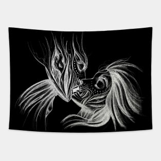 Two Wooden Aliens Kissing and in Love Tapestry