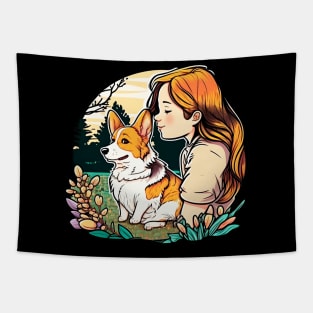 Corgi & Girl Funny Pembroke Welsh Corgi Retro Dog Lover Tapestry