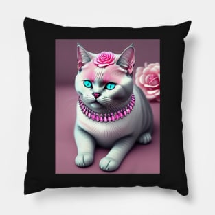 British Shorthair adorned with gems and pink roses Pillow