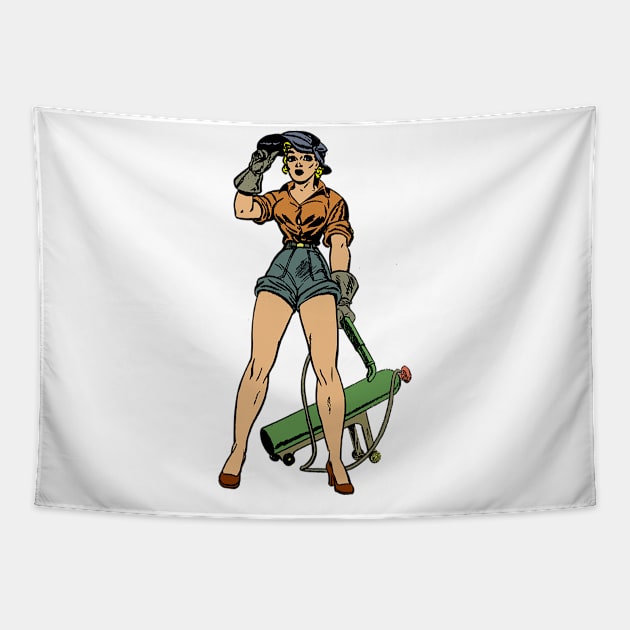 Welder Pin up Girl Tapestry by Christyn Evans