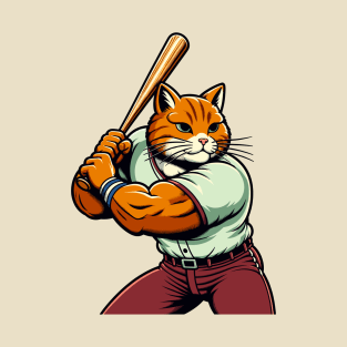 Vintage cat batsman - Retro 1990s Cartoon Style Baseball cat T-Shirt