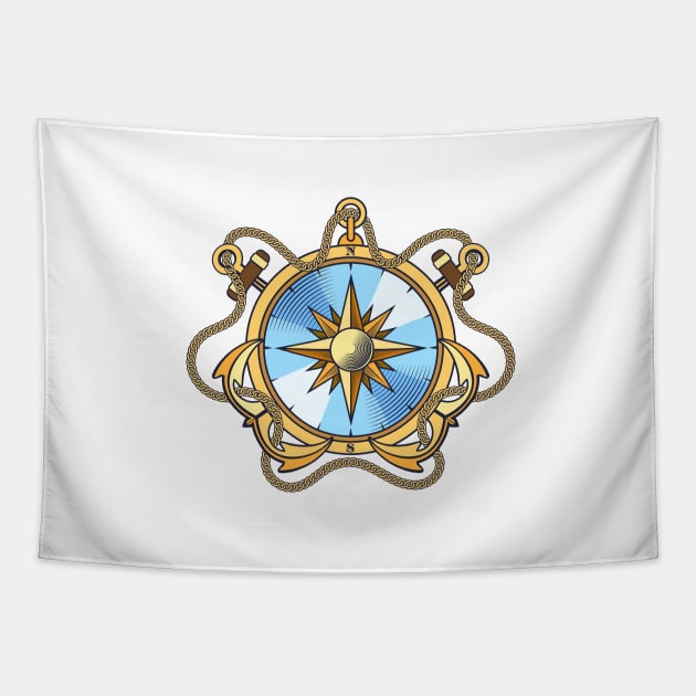 Nautical Compass and Anchors with Chains Emblem Tapestry by devaleta