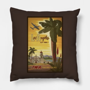 Restored Vintage TWA Poster Print Showcasing Travel to Los Angeles! Pillow