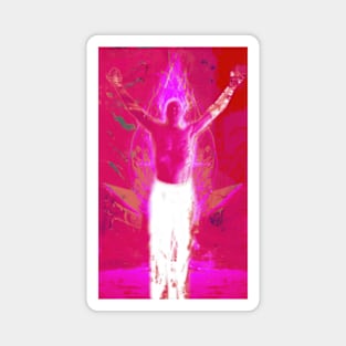 Portrait, digital collage and special processing. Shirtless man, stands. All chakras opened. Mystic. Bright, strong pink. Magnet