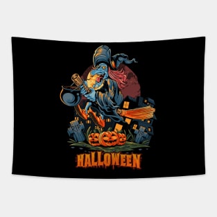 Halloween witch with pumpkin Tapestry