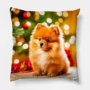 Cute Pomeranian Puppy Dog at Christmas Pillow