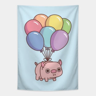 Cute Chubby Pig With Rainbow Balloons Tapestry