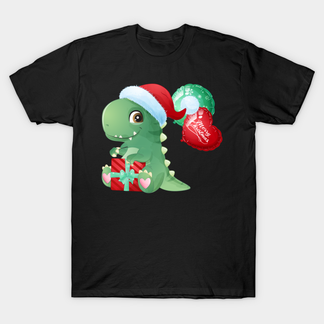 Cute Christmas T Rex With Santa Hat And Gift Box - Christmas T Rex - T-Shirt