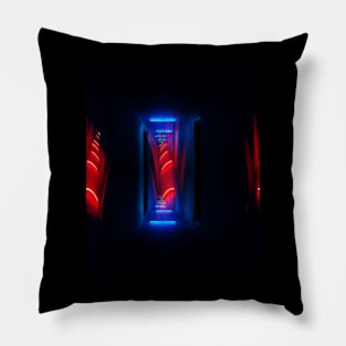 Digital collage and special processing. Sci-fi and mystic. Corridor. Red and blue lights. Pillow