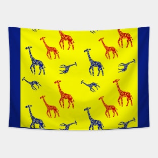 Blue and Red Giraffe Pattern in Yellow Background Tapestry