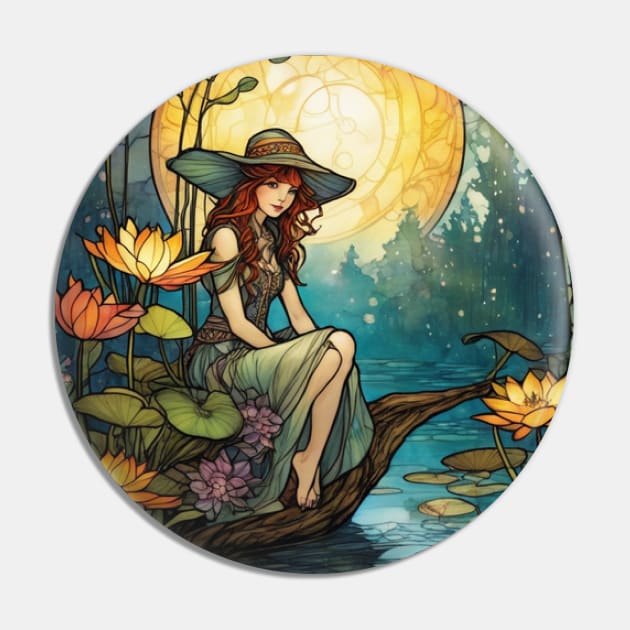 Stained Glass Girl At Lily Pond Pin by BrightC