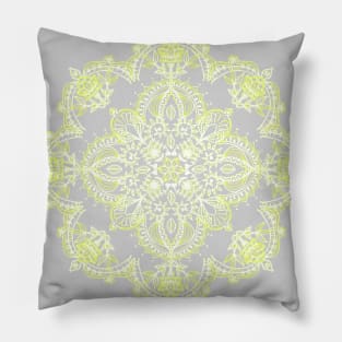 Pale Lemon Yellow Lace Mandala on Grey Pillow