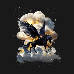 Mythical Pegasus black horse wings night clouds splash watercolor fantasy magical tale romance illustration Birthday idea Party T-Shirt