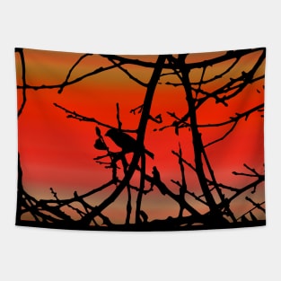 House Finch In Tree Silhouette on Tuscan Sunset Tapestry