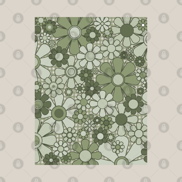 Retro Garden Flowers on Gingham Vintage Sage Green 60s 70s Floral Pattern by KierkegaardDesignStudio