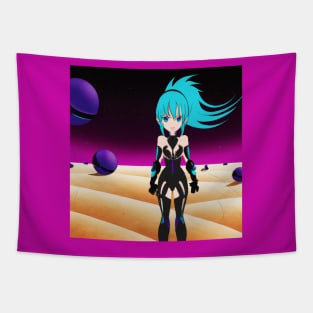 Anime Girl Standing on Alien Planet Tapestry