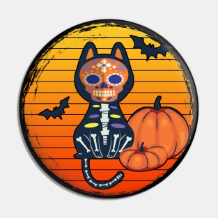 Black Cat Sugar Skull Pumpkin Halloween Pin