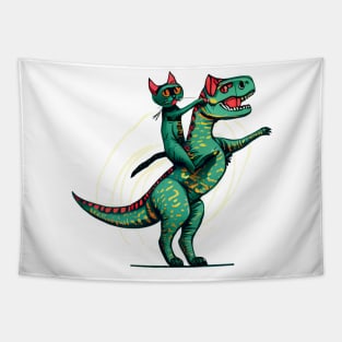 Funny Cat Riding Dinosaur T rex Tapestry