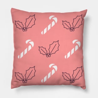 Candy canes and holly berries pink Pillow