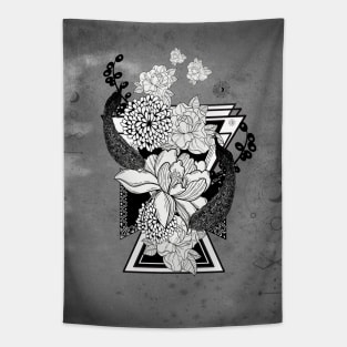 Wonderful flowers in black and white with peacock Tapestry