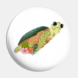 Cartoon turtle With Grass And Flowers, Tortoise Lovers Pin