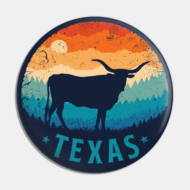 Texas Longhorn Retro Sunset Pin by TigerTom