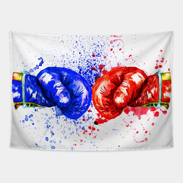 Red and Blue Boxing Gloves Tapestry by AnnArtshock