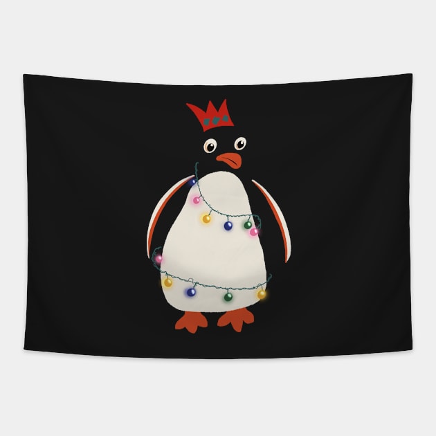 Funny Cartoon Christmas Penguin wrapped in Fairy Lights and Wearing Paper Xmas Hat Tapestry by NattyDesigns