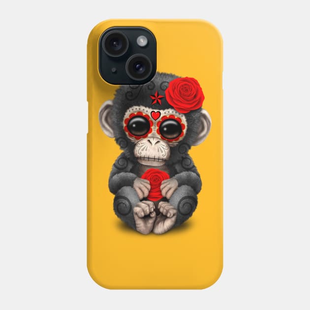 Red Day of the Dead Sugar Skull Baby Chimp Phone Case by jeffbartels