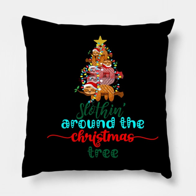 Slothin' Arond The Christmas Tree Pillow by theteediva