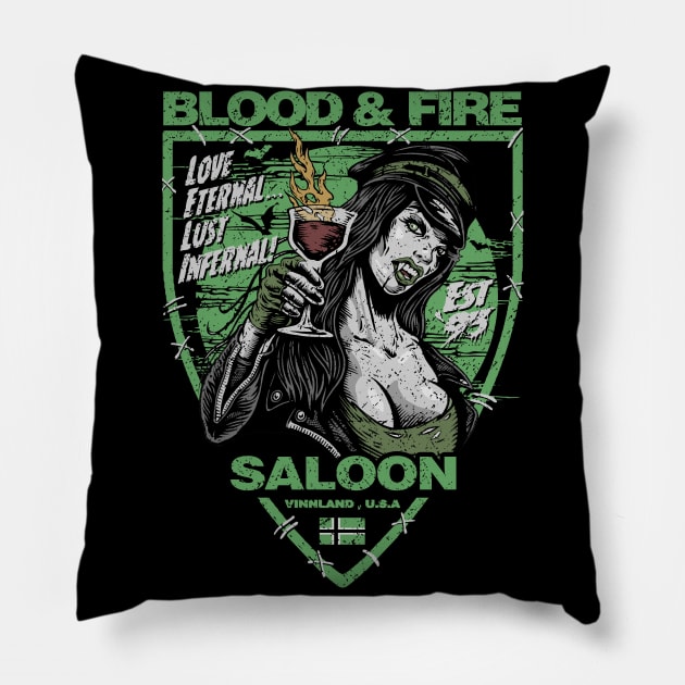 "BLOOD & FIRE SALOON" FRONT AND BACK GREEN Pillow by joeyjamesartworx