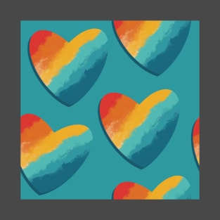 Retro Rainbow Hearts Repeat Pattern on Blue T-Shirt