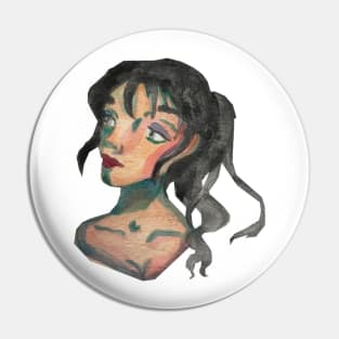 Girl with black ponytail watercolour Pin