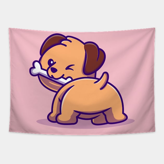 Cute Dog Bites Bone Cartoon Tapestry by Catalyst Labs