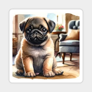 Watercolor Pug Puppies Painting - Cute Puppy Magnet