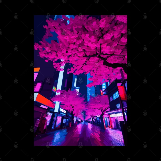 Tokyo City Japan at Night Cyberpunk Cityscape Cherry Blossom by Art-Jiyuu