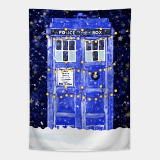 Blue Police Box With Christmas Lights Snow and Stars Tapestry