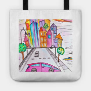 Futuristic city pencil drawing Tote