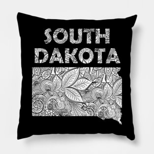 Mandala art map of South Dakota with text in white Pillow