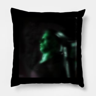 Portrait, digital collage and special processing. Man looking somewhere. He's strong. Green, white some glow. Pillow