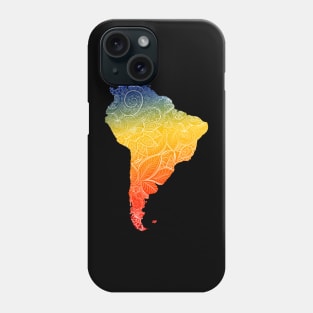 Colorful mandala art map of South America with text in blue, yellow, and red Phone Case