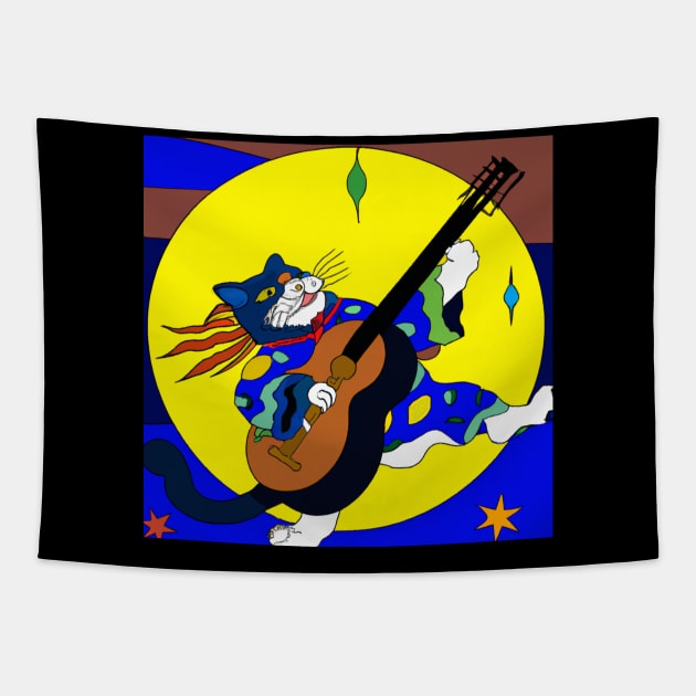 Cat playing guitar ukiyo-e Tapestry by DadOfMo Designs